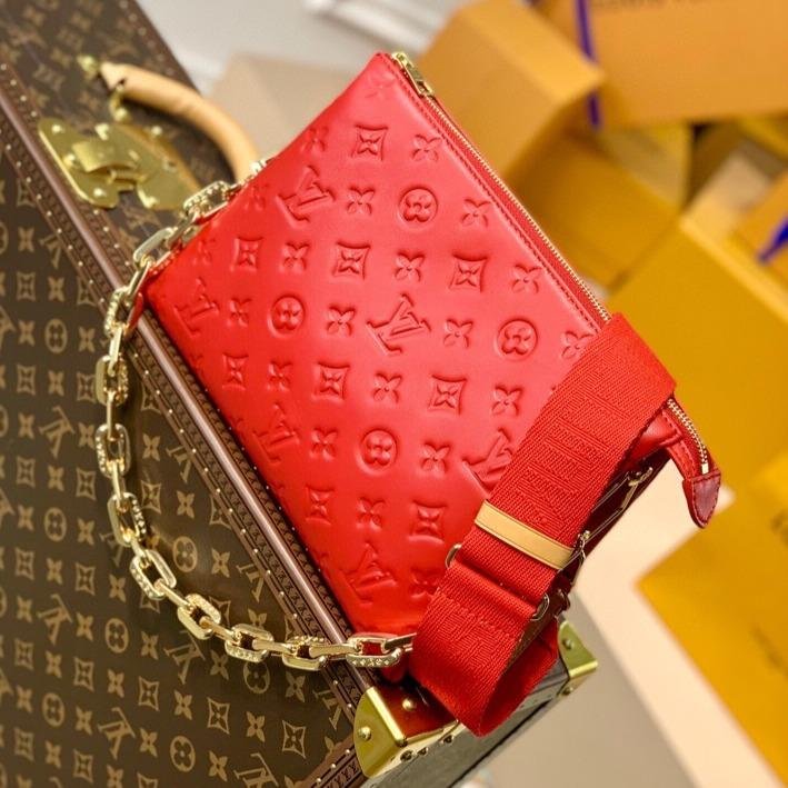 {Style No: 68SZI14L} COUSSIN PM 27 RED MONOGRAM EMBOSSED PUFFY LAMBSKIN