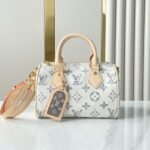 {Style No: B415ECNI} SPEEDY BANDOULIÈRE 20 IN WHITE MONOGRAM JACQUARD FABRIC AND BEIGE CALFSKIN TRIM