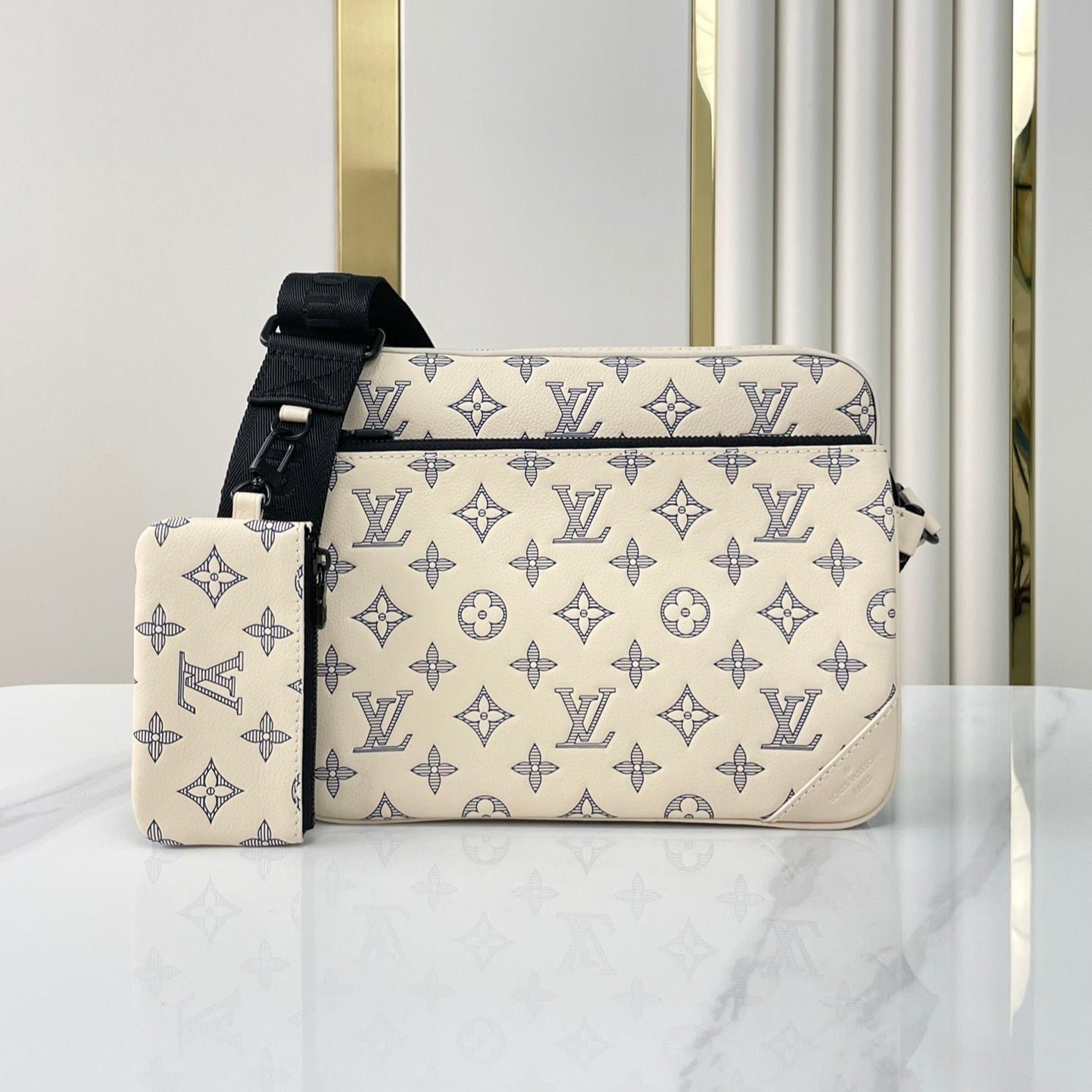 {Style No: 5QCM72LF} TRIO MESSENGER 25 IN CREAM BLUE MONOGRAM SHADOW CALFSKIN