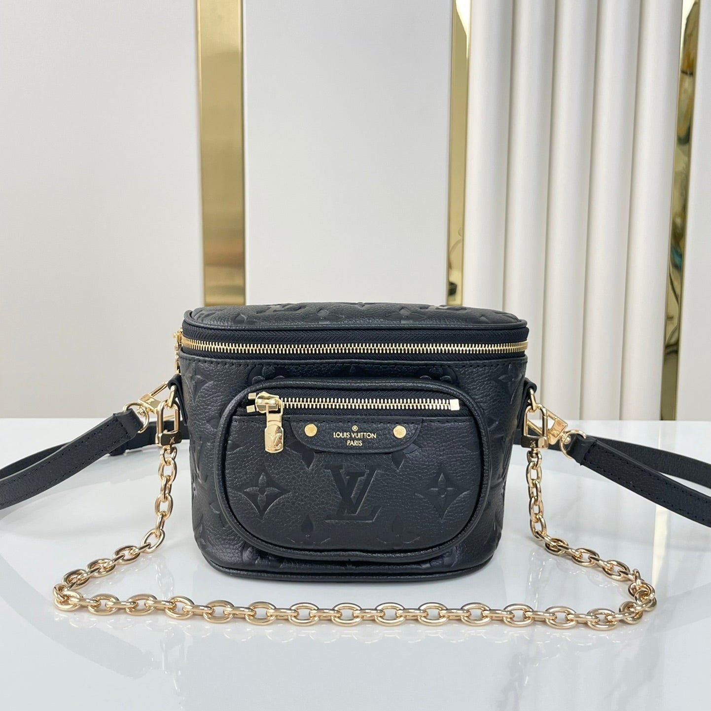 {Style No: ZZ5PQAGK} MINI BUMBAG 17 IN BLACK MONOGRAM EMPREINTE LEATHER GOLD HARDWARE