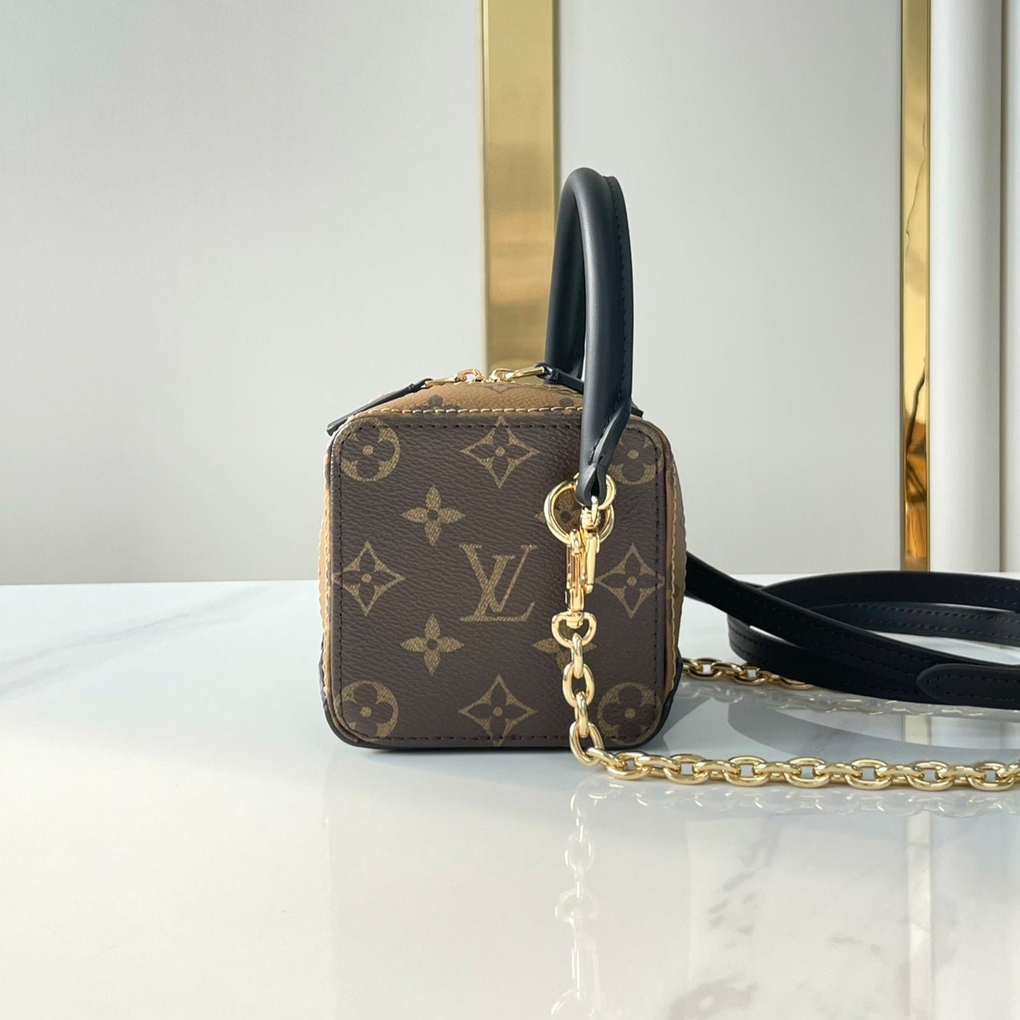 {Style No: JYUUUVSG} DICE 9 IN BROWN MONOGRAM AND MONOGRAM REVERSE CANVAS GOLD HARDWARE