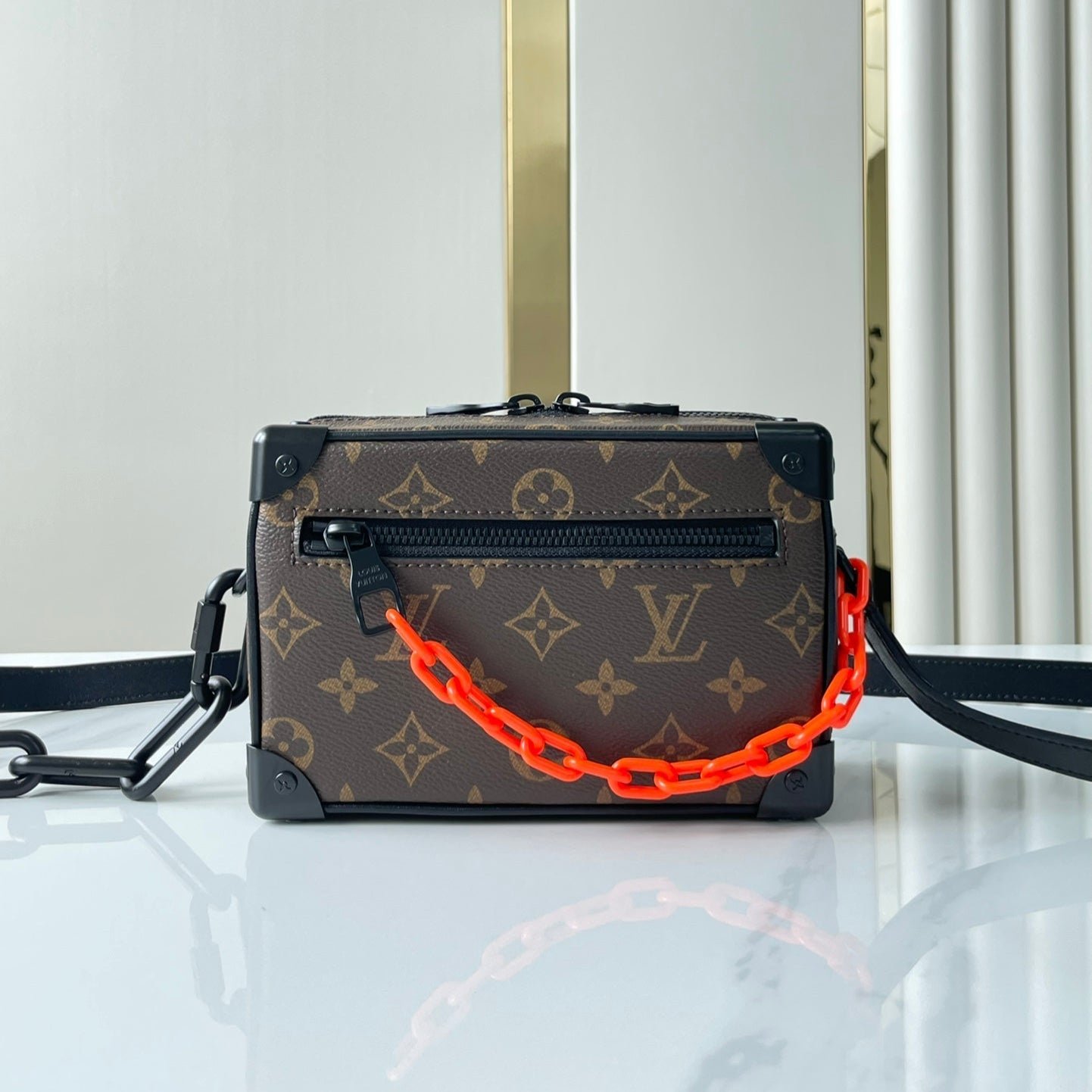 {Style No: U3T2YISU} MINI SOFT TRUNK 18 IN BROWN MONOGRAM CANVAS RED ORANGE CHAIN