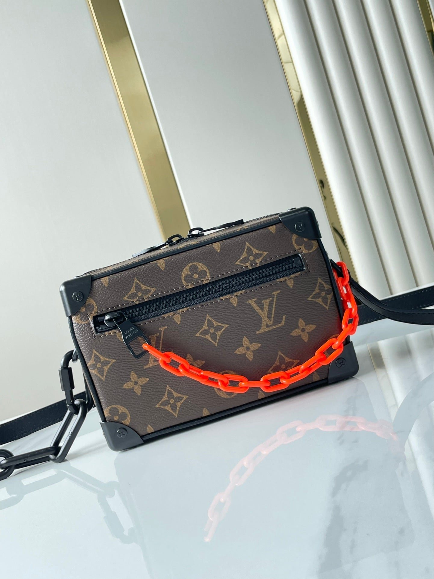 {Style No: U3T2YISU} MINI SOFT TRUNK 18 IN BROWN MONOGRAM CANVAS RED ORANGE CHAIN - Image 3