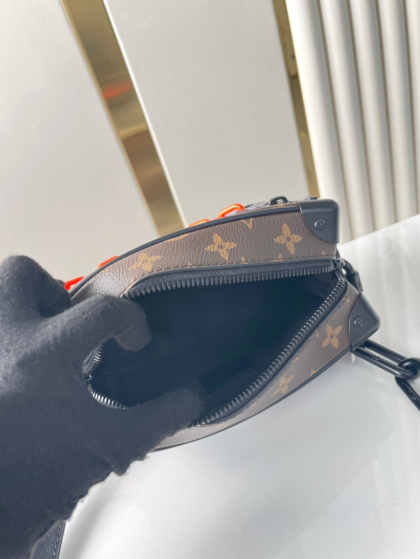 {Style No: U3T2YISU} MINI SOFT TRUNK 18 IN BROWN MONOGRAM CANVAS RED ORANGE CHAIN - Image 4
