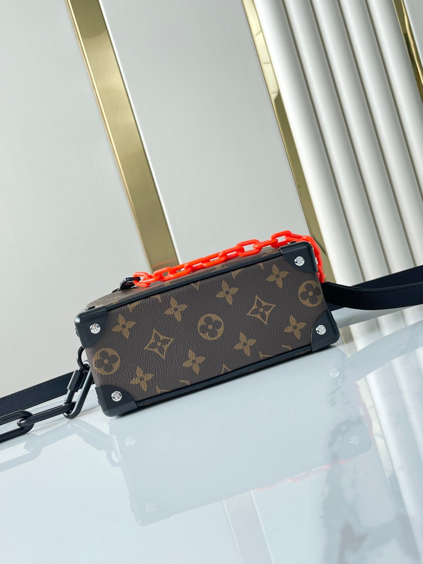 {Style No: U3T2YISU} MINI SOFT TRUNK 18 IN BROWN MONOGRAM CANVAS RED ORANGE CHAIN - Image 5