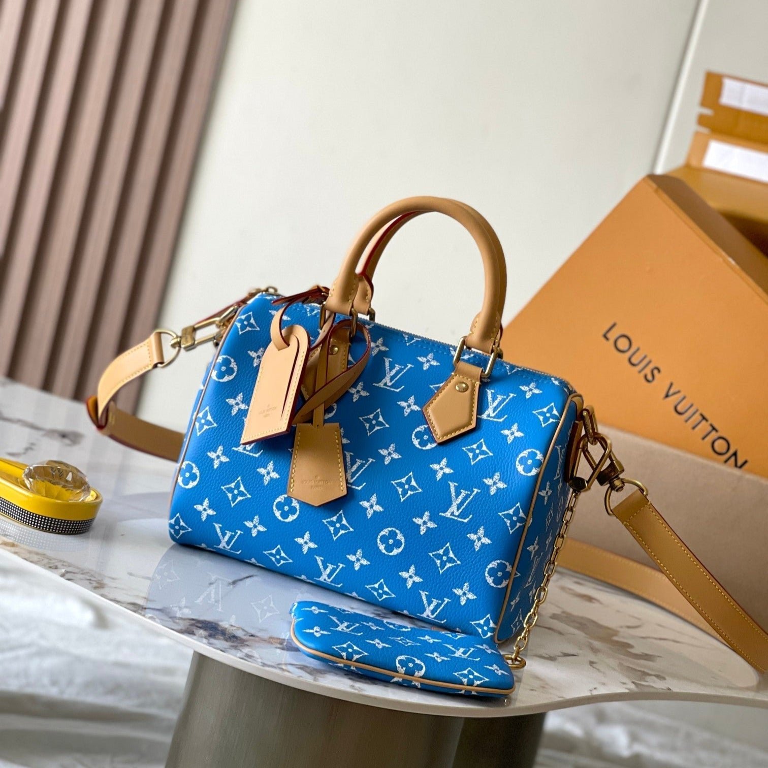 {Style No: KNQSSBKF} SPEEDY P9 BANDOULIÈRE 25 IN BLUE MONOGRAM CANVAS GOLD HARDWARE