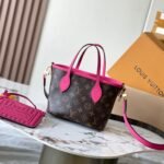 {Style No: XMTGHJKZ} NEVERFULL BANDOULIÈRE INSIDE OUT BB 24 IN BROWN MONOGRAM CANVAS AND PINK CALFSKIN