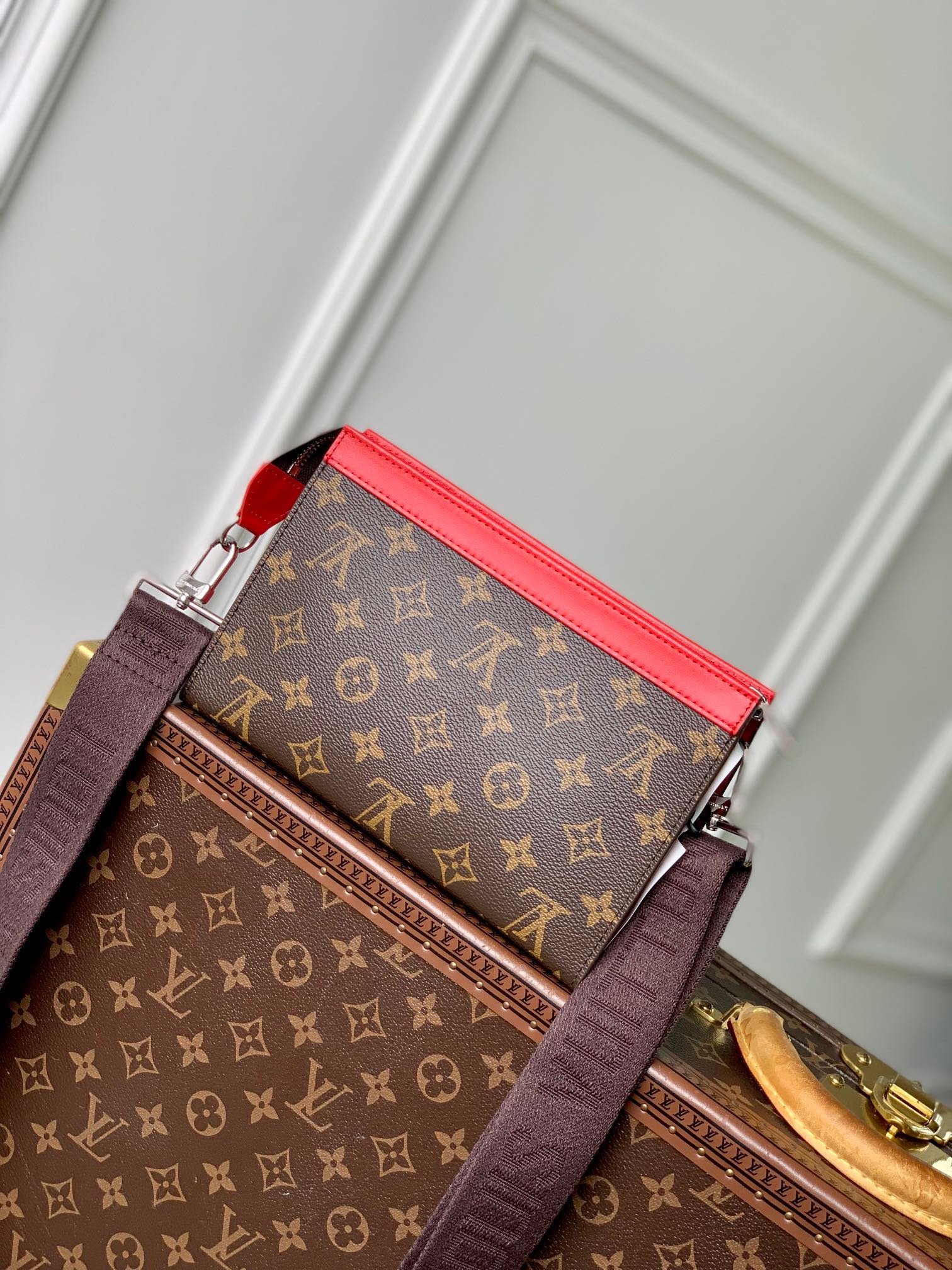 {Style No: ZOP1D1RC} GASTON WEARABLE WALLET 18 IN BROWN MONOGRAM CANVAS MIX RED CALFSKIN - Image 2