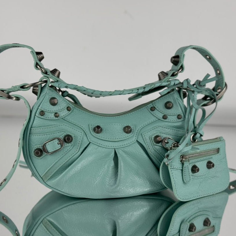 {Style No: SWPP4J22} LE CAGOLE SMALL SHOULDER BAG 26 WITH RHINESTONES IN MINT GREEN LAMBSKIN