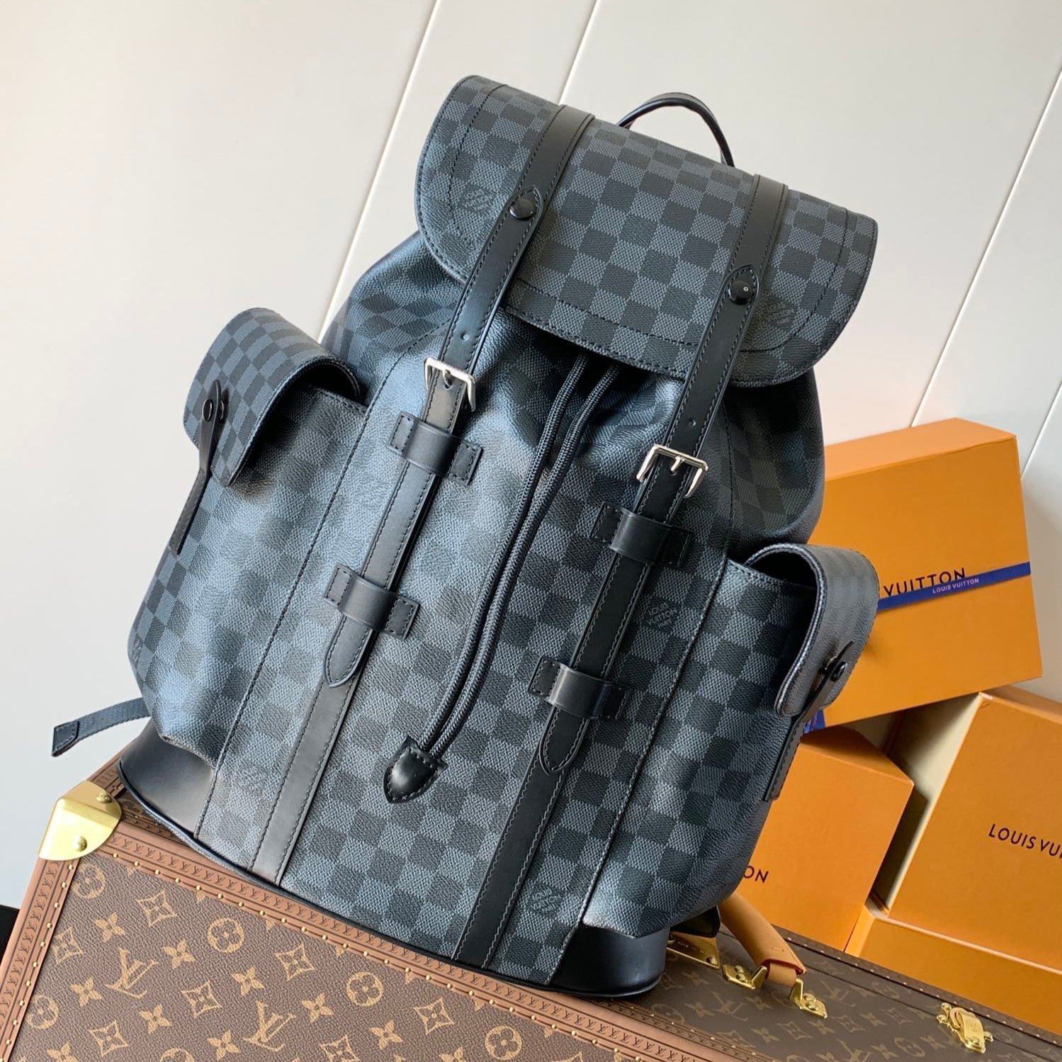 {Style No: K3647S58} CHRISTOPHER MM BACKPACK 47 IN BLACK DAMIER GRAPHITE CANVAS