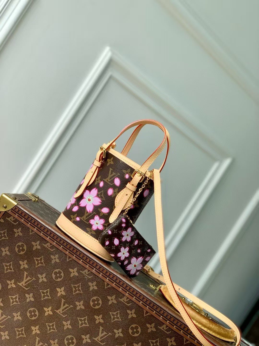 {Style No: R72KJED9} NANO BUCKET CHERRY BLOSSOM IN SAKURA BROWN MONOGRAM COATED CANVAS - Image 3