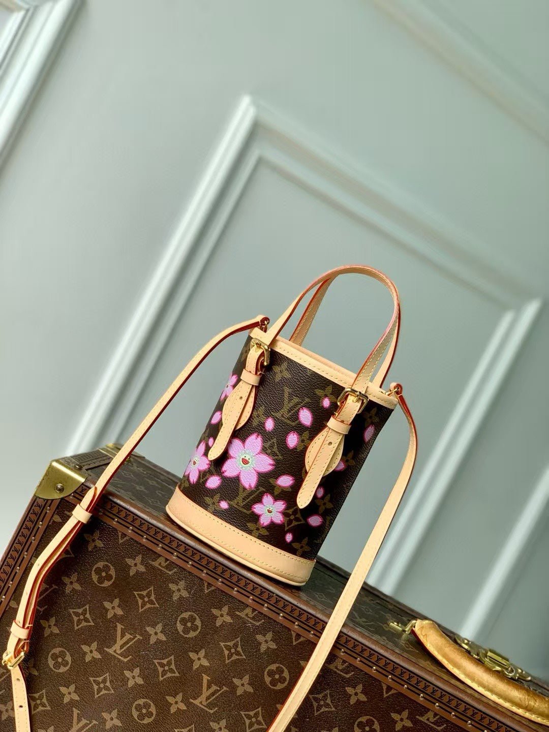 {Style No: R72KJED9} NANO BUCKET CHERRY BLOSSOM IN SAKURA BROWN MONOGRAM COATED CANVAS - Image 2
