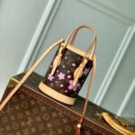 {Style No: R72KJED9} NANO BUCKET CHERRY BLOSSOM IN SAKURA BROWN MONOGRAM COATED CANVAS