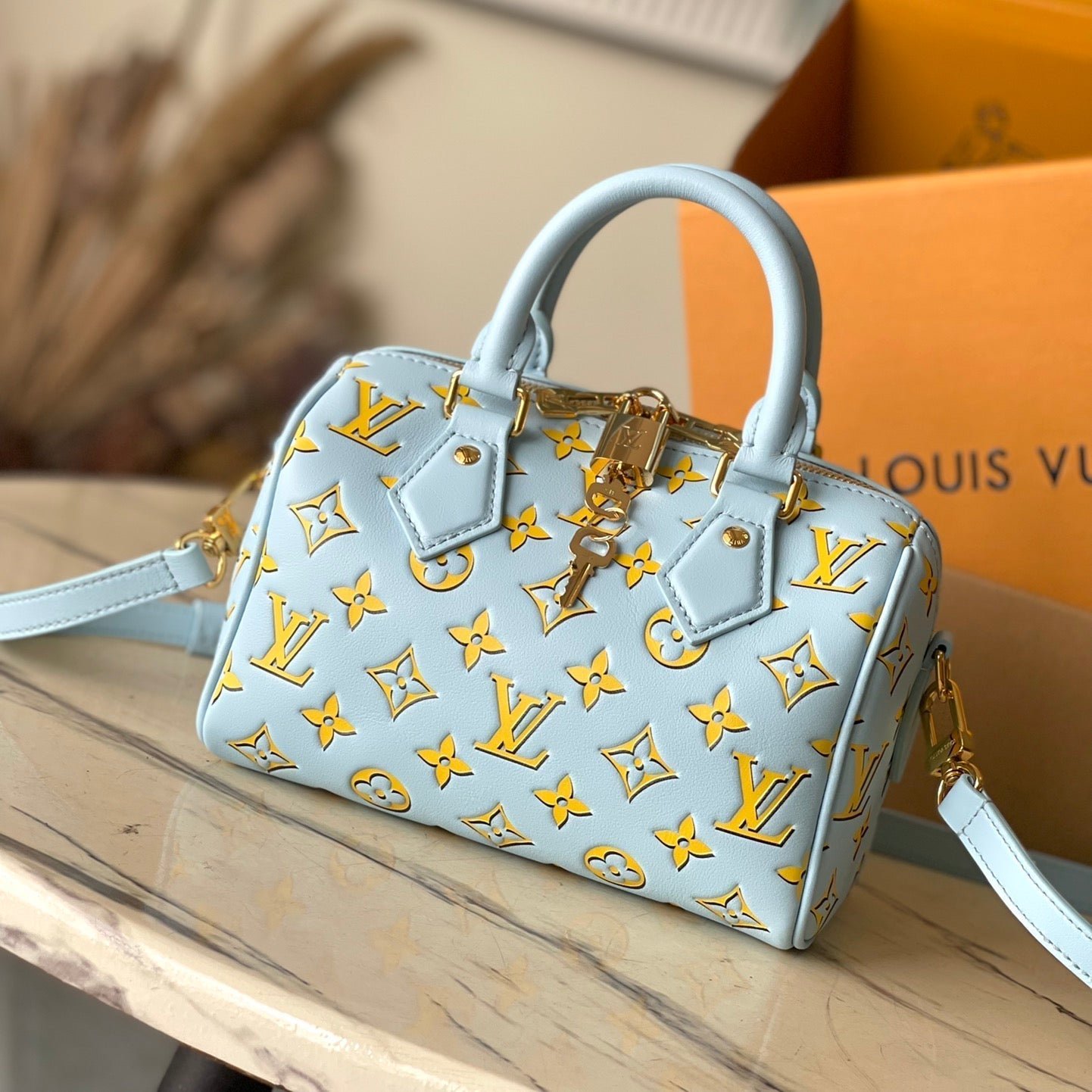 {Style No: YM4G1ZLH} SPEEDY BANDOULIÈRE 20 IN SKY YELLOW MONOGRAM CALFSKIN GOLD BUCKLE