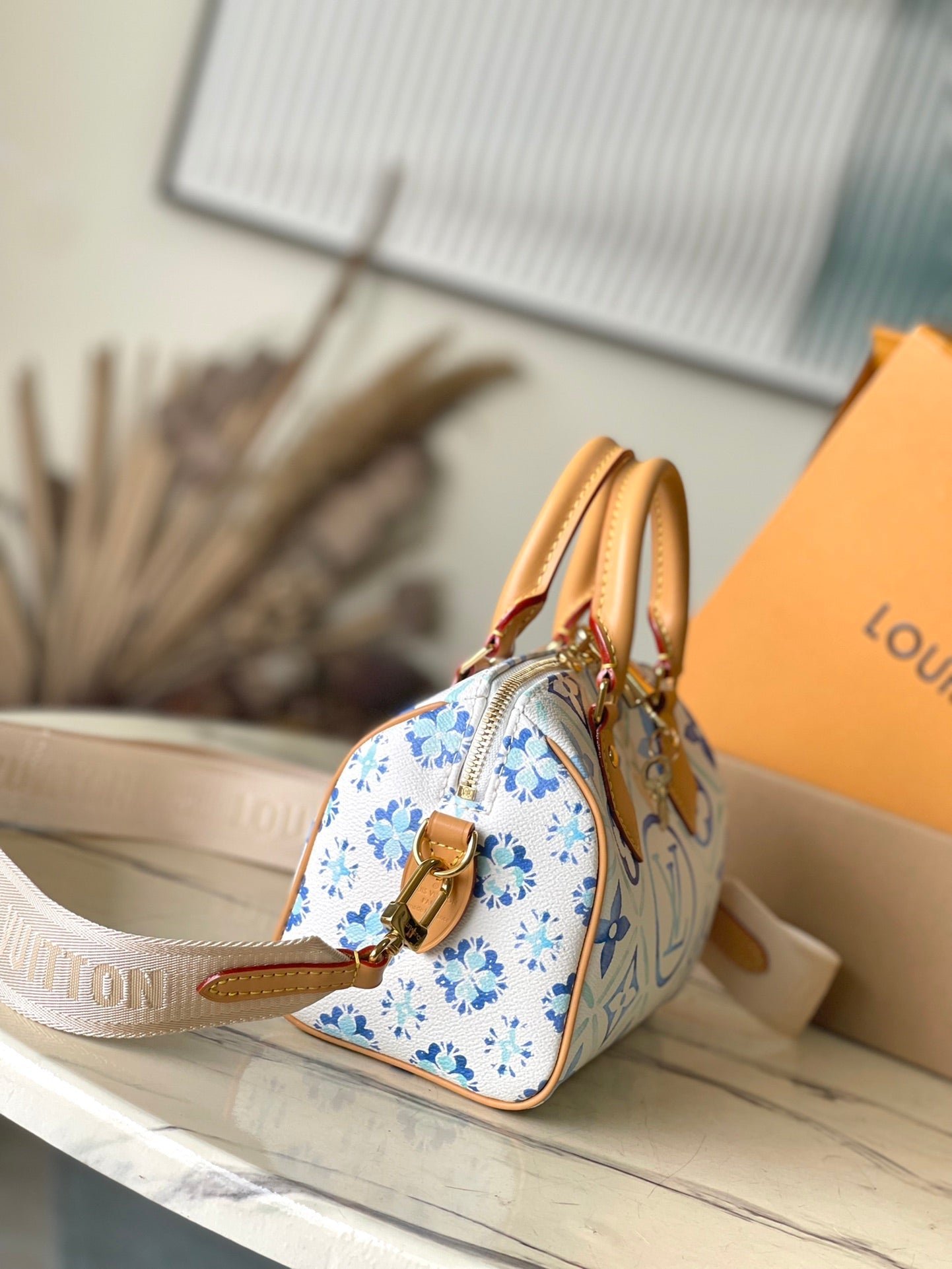 {Style No: BSAYH46T} SPEEDY BANDOULIÈRE 20 IN LAGOON BLUE MONOGRAM TILES CANVAS GOLD BUCKLE - Image 5