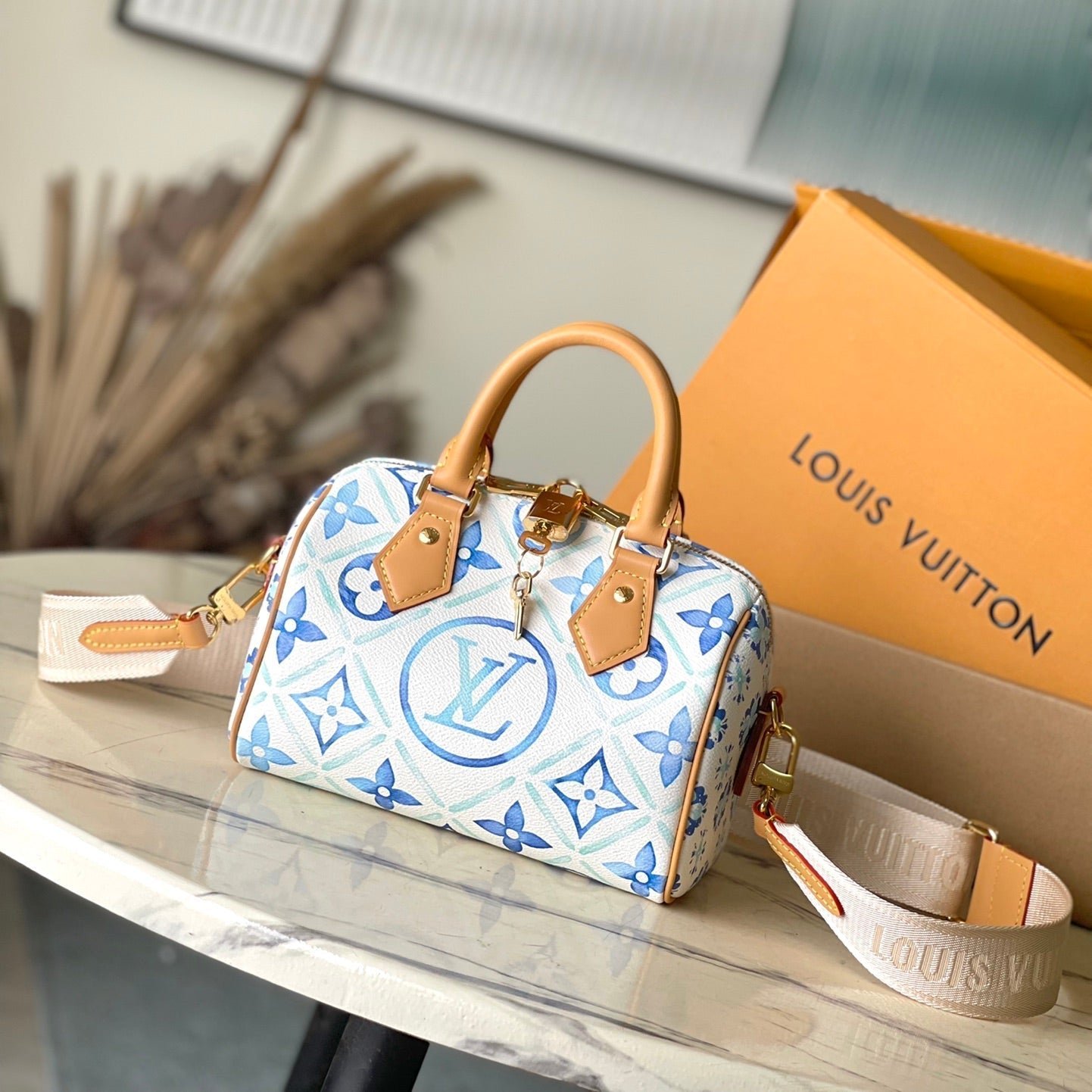 {Style No: BSAYH46T} SPEEDY BANDOULIÈRE 20 IN LAGOON BLUE MONOGRAM TILES CANVAS GOLD BUCKLE