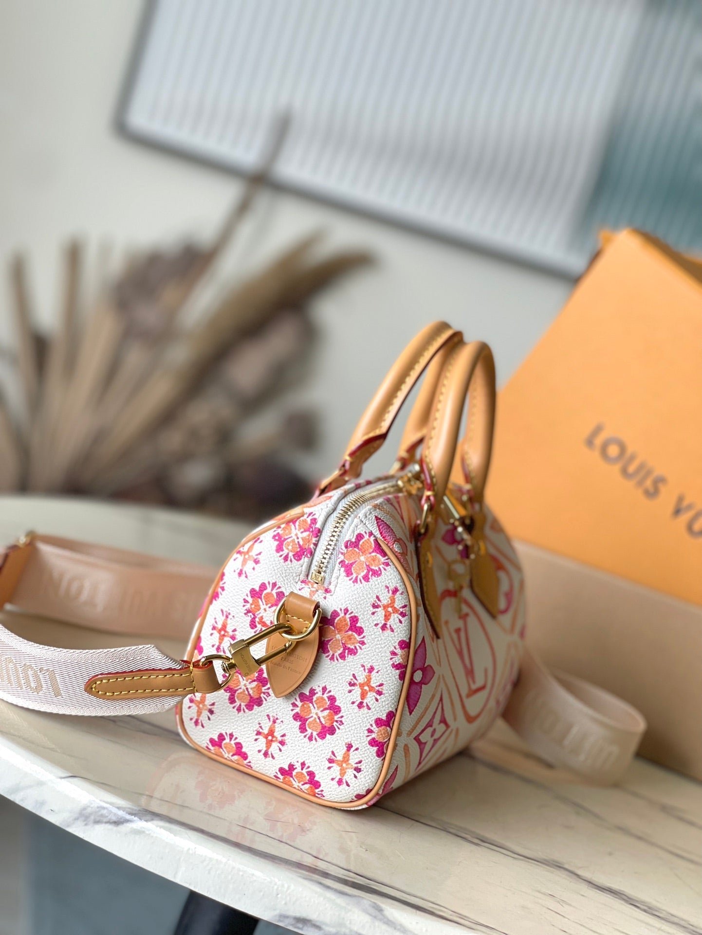 {Style No: VALIWFHA} SPEEDY BANDOULIÈRE 20 IN CORAL MONOGRAM TILES CANVAS GOLD BUCKLE - Image 5