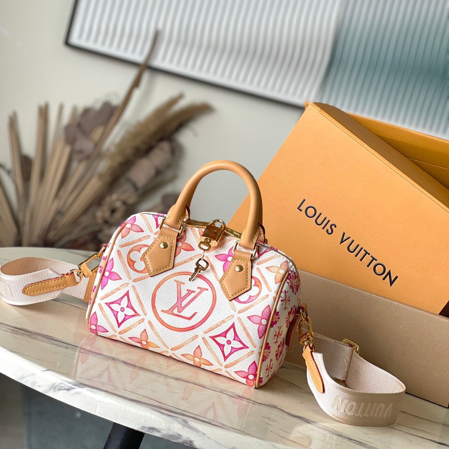 {Style No: VALIWFHA} SPEEDY BANDOULIÈRE 20 IN CORAL MONOGRAM TILES CANVAS GOLD BUCKLE