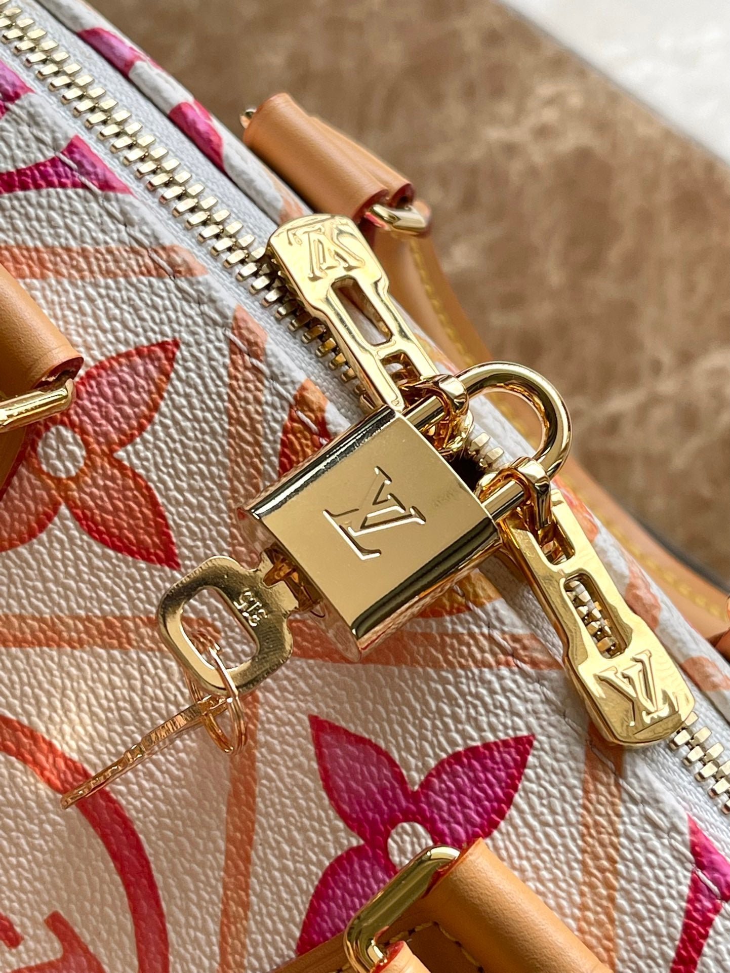 {Style No: VALIWFHA} SPEEDY BANDOULIÈRE 20 IN CORAL MONOGRAM TILES CANVAS GOLD BUCKLE - Image 7