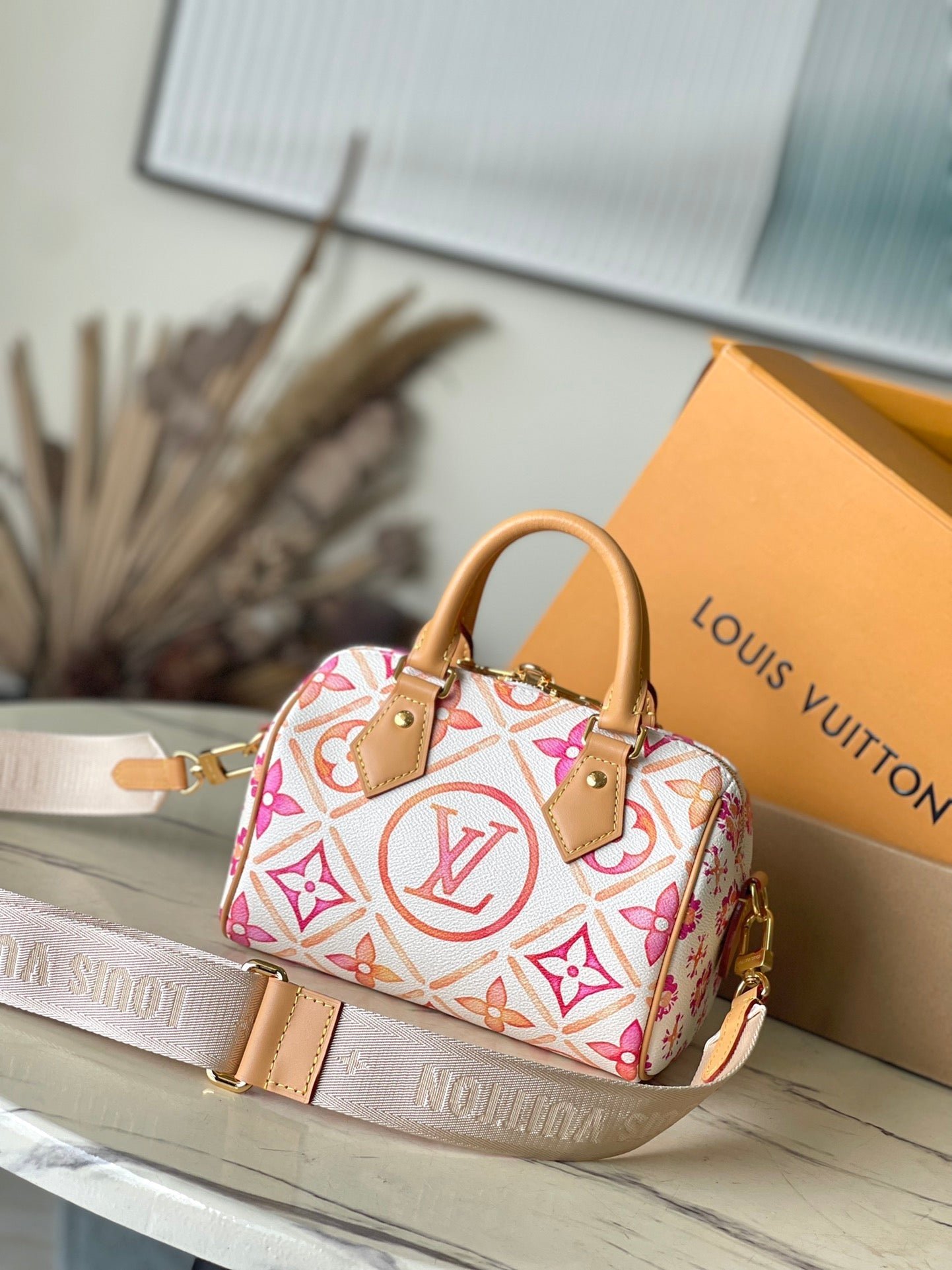 {Style No: VALIWFHA} SPEEDY BANDOULIÈRE 20 IN CORAL MONOGRAM TILES CANVAS GOLD BUCKLE - Image 2