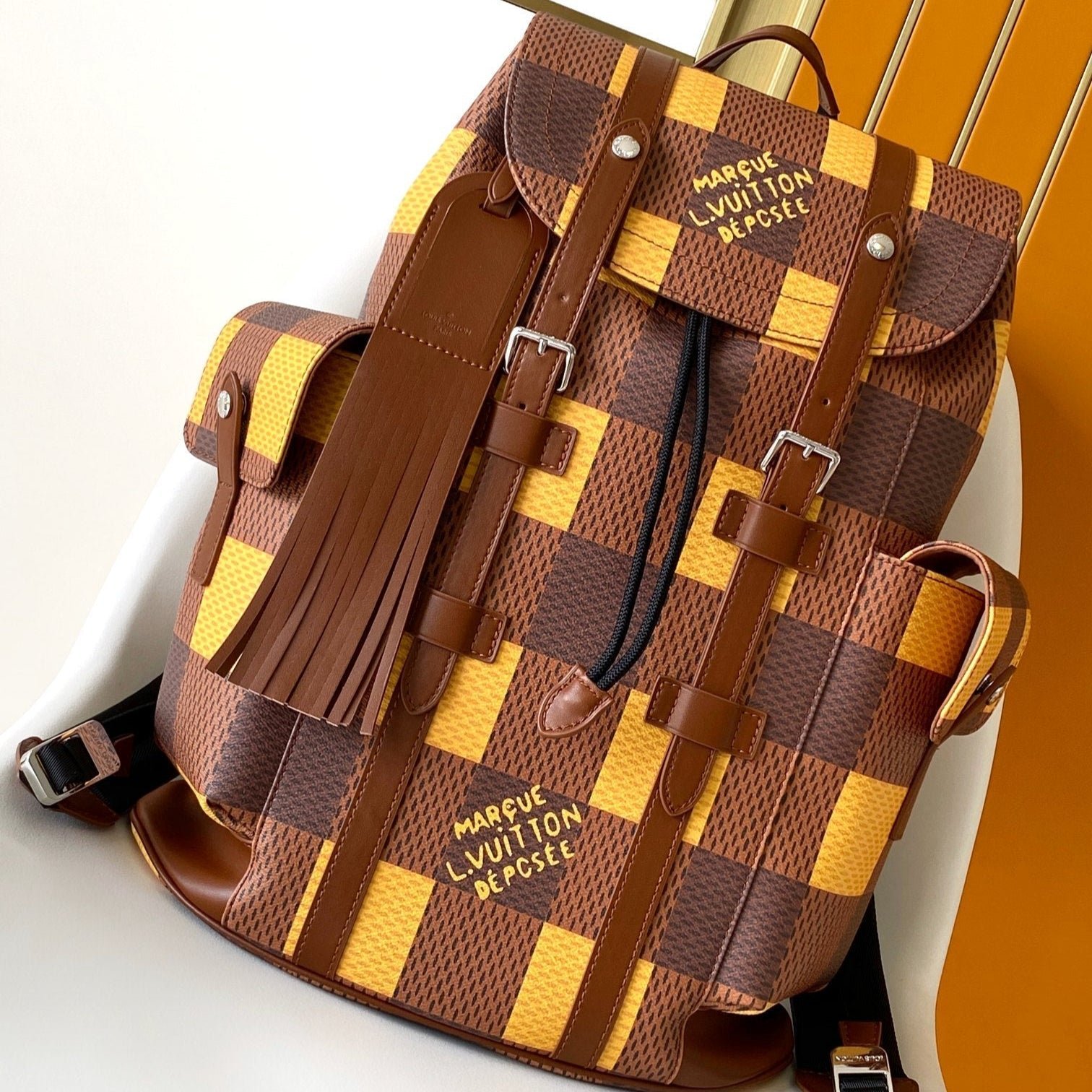 {Style No: 9GE9K94B} CHRISTOPHER BACKPACK 48 IN BROWN YELLOW DAMIER CANVAS