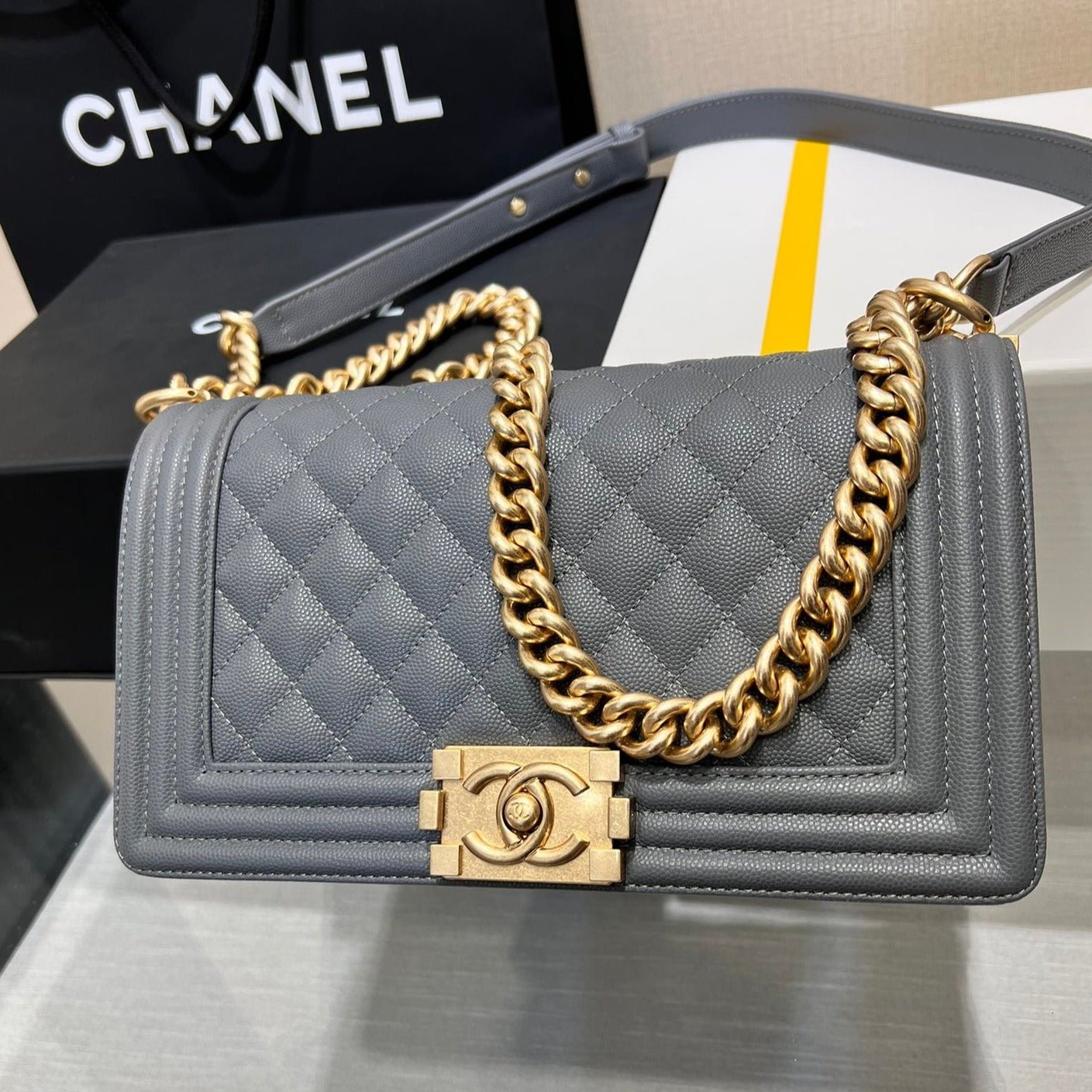{Style No: S5MDA43A} BOY BAG MEDIUM 25 DARK GREY CAVIAR GOLD HARDWARE