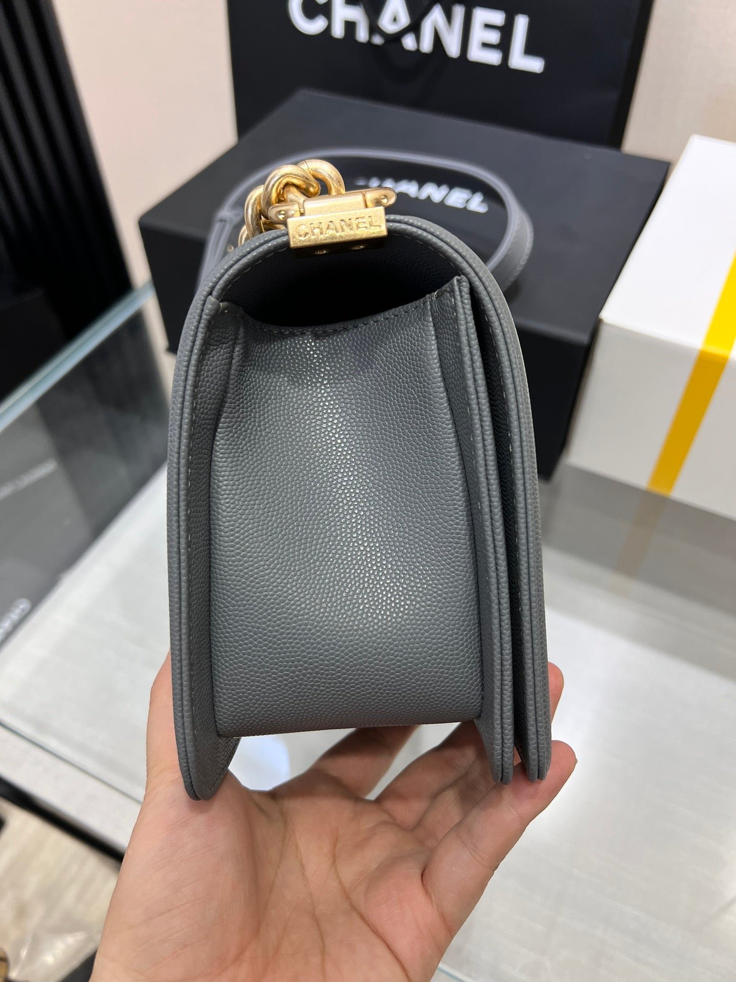 {Style No: S5MDA43A} BOY BAG MEDIUM 25 DARK GREY CAVIAR GOLD HARDWARE - Image 3
