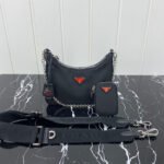 {Style No: BVBQOK88} PRA HOBO 22 BAG IN BLACK RE-NYLON WITH RED LOGO