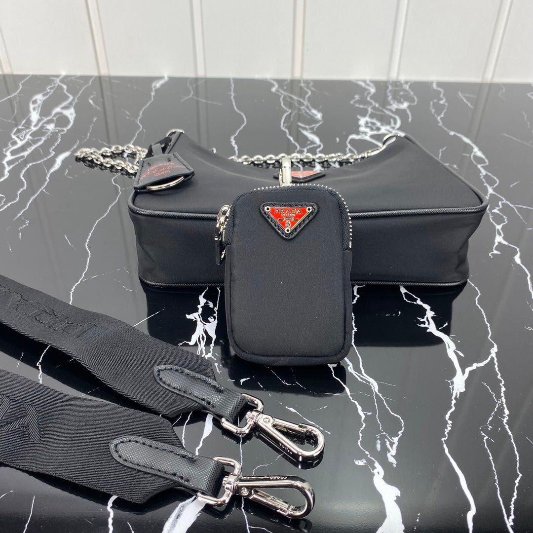 {Style No: BVBQOK88} PRA HOBO 22 BAG IN BLACK RE-NYLON WITH RED LOGO - Image 7