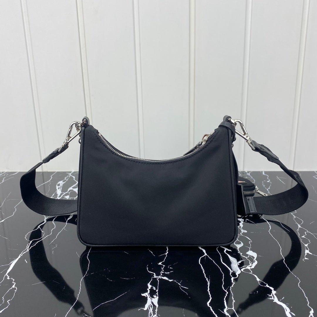 {Style No: BVBQOK88} PRA HOBO 22 BAG IN BLACK RE-NYLON WITH RED LOGO - Image 6