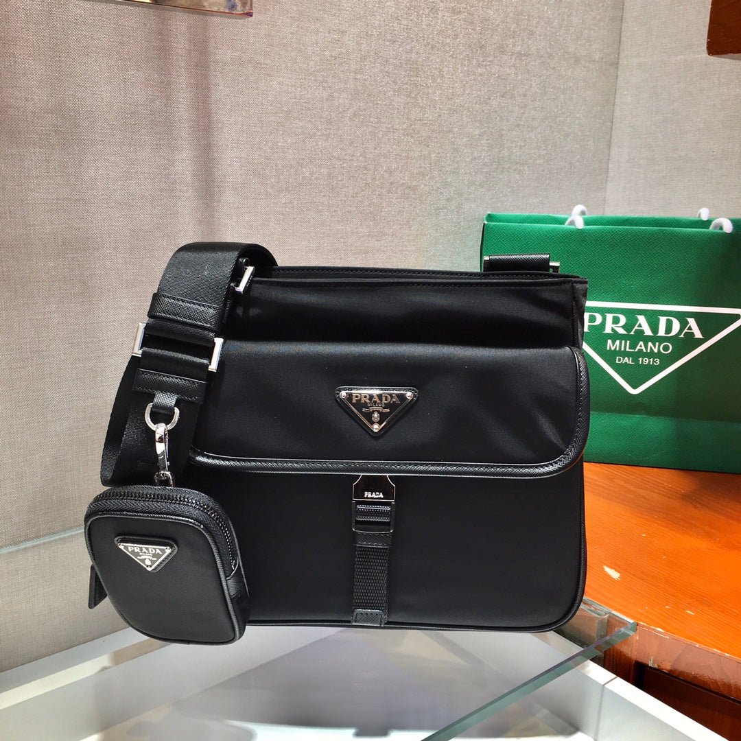 {Style No: HZN9LQOR} TRIANGLE LOGO CROSSBODY BAG 25 IN BLACK RE-NYLON AND SAFFIANO LEATHER TRIM