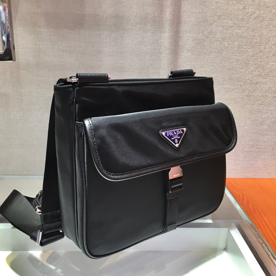 {Style No: HZN9LQOR} TRIANGLE LOGO CROSSBODY BAG 25 IN BLACK RE-NYLON AND SAFFIANO LEATHER TRIM - Image 6