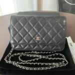 {Style No: V896FGQX} CC MINI 19 CLASSIC WALLET WITH STRAP IN BLACK LAMBSKIN WITH SILVER HARDWARE