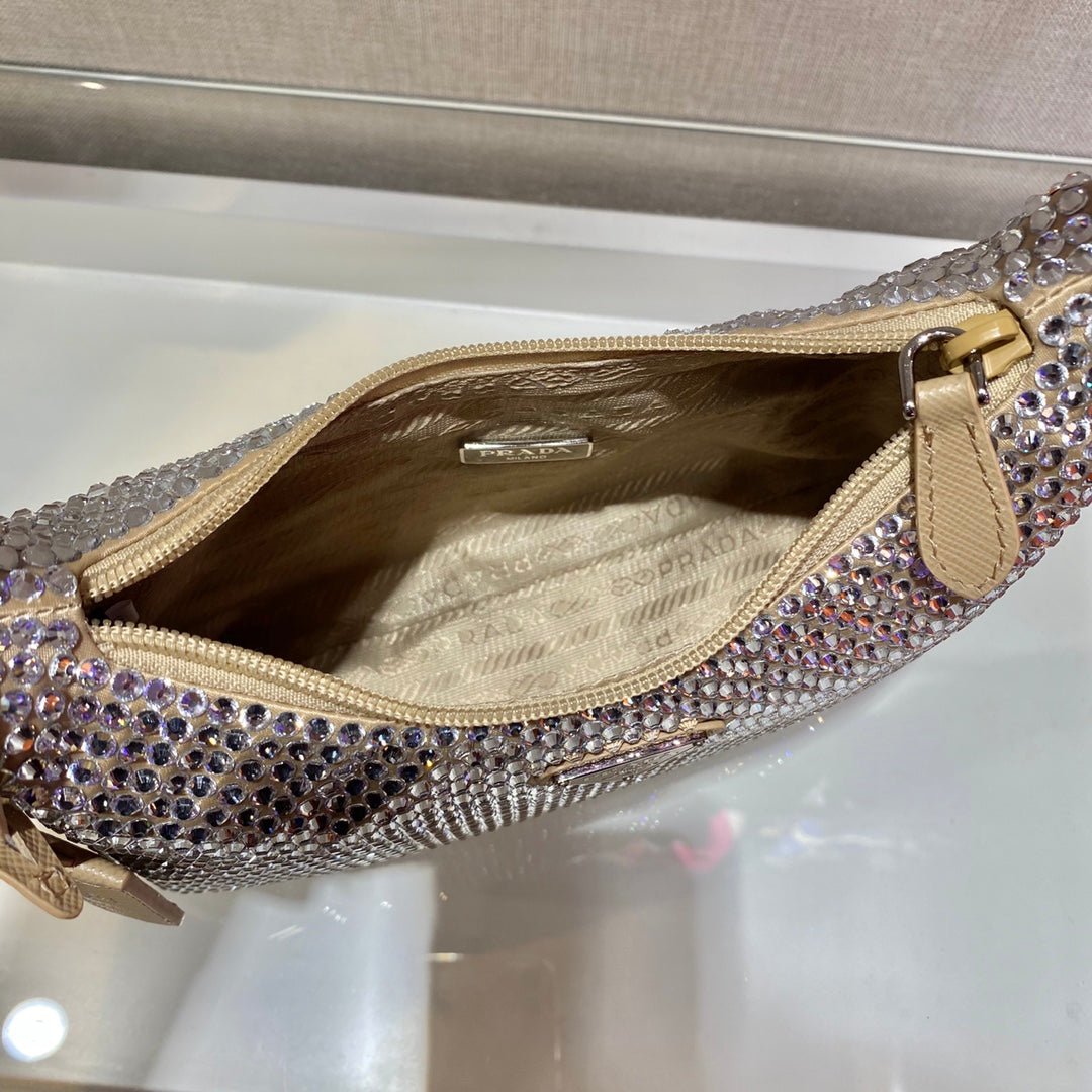 {Style No: PQA1I1FG} SPARKLING HOBO BAG 23 IN BEIGE NYLON ATTACHED FULLY CRYSTALS - Image 2