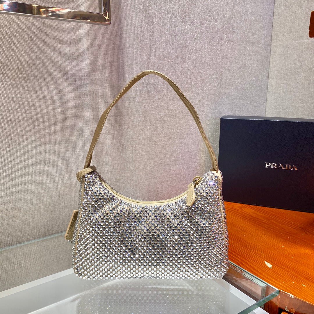 {Style No: PQA1I1FG} SPARKLING HOBO BAG 23 IN BEIGE NYLON ATTACHED FULLY CRYSTALS - Image 3