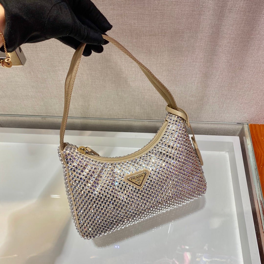 {Style No: PQA1I1FG} SPARKLING HOBO BAG 23 IN BEIGE NYLON ATTACHED FULLY CRYSTALS - Image 8