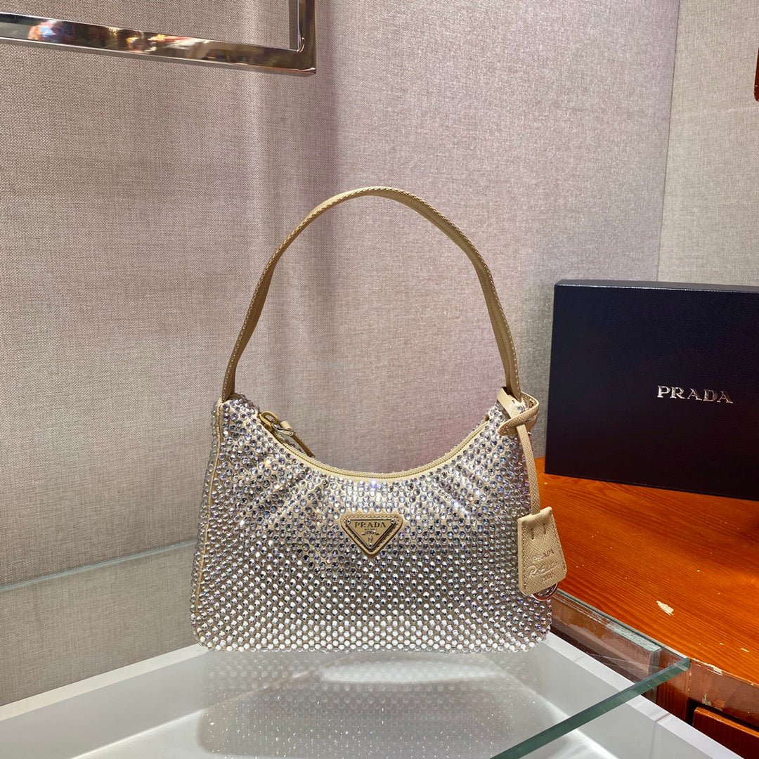 {Style No: PQA1I1FG} SPARKLING HOBO BAG 23 IN BEIGE NYLON ATTACHED FULLY CRYSTALS