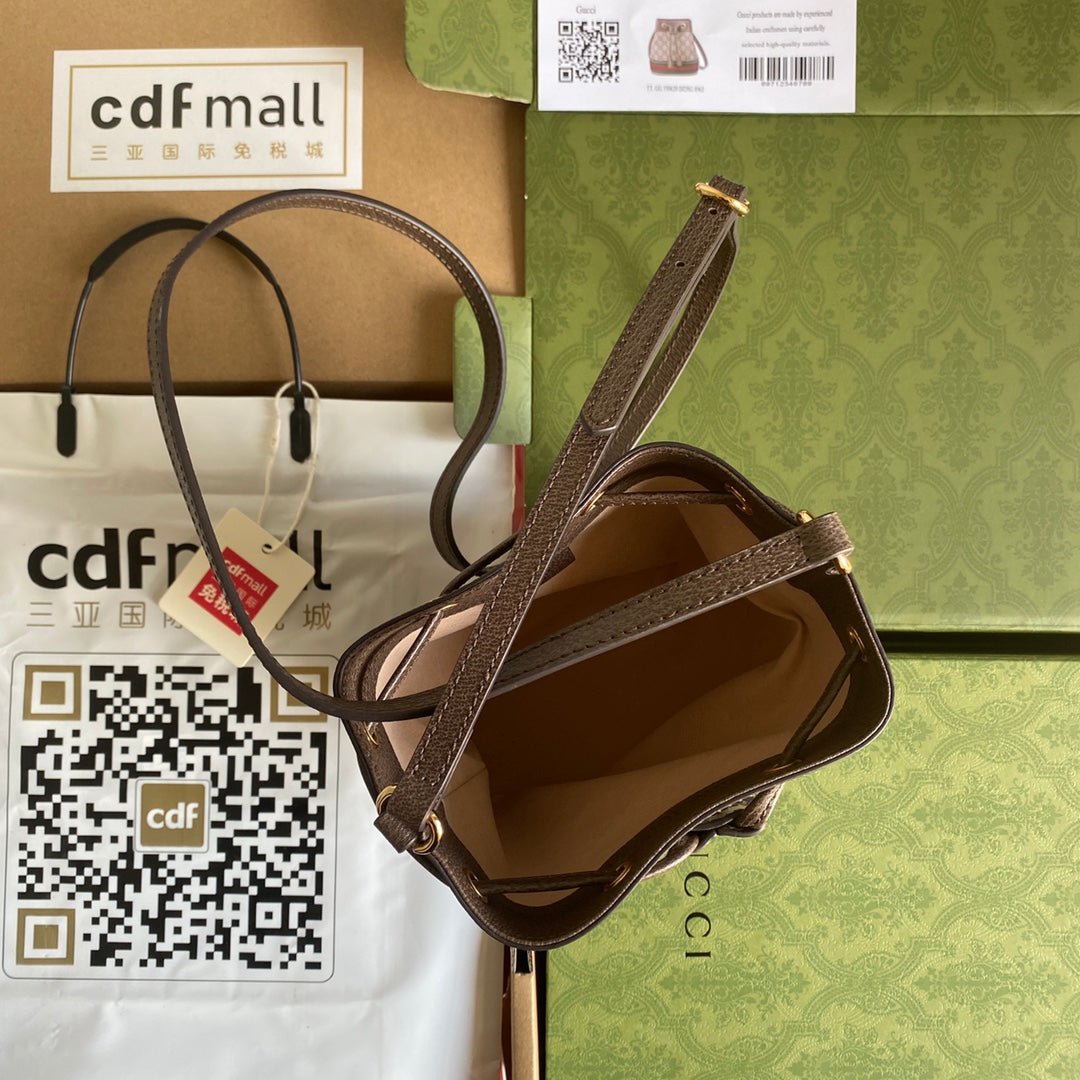 {Style No: OJ9XJZA7} OPHIDIA MINI BUCKET BAG 18 WITH WEB IN BEIGE EBONY CANVAS MIX BROWN CALFSKIN - Image 4