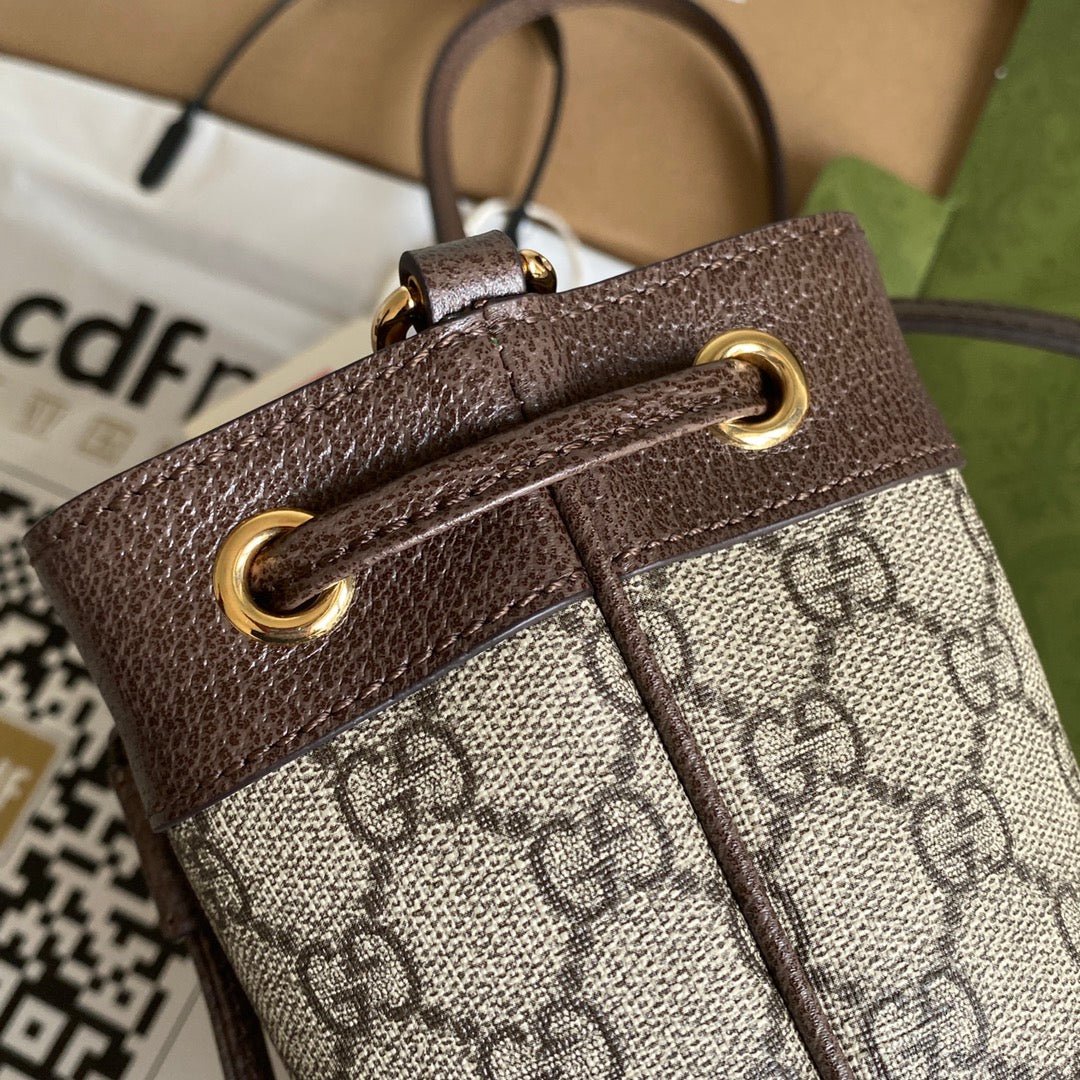 {Style No: OJ9XJZA7} OPHIDIA MINI BUCKET BAG 18 WITH WEB IN BEIGE EBONY CANVAS MIX BROWN CALFSKIN - Image 7