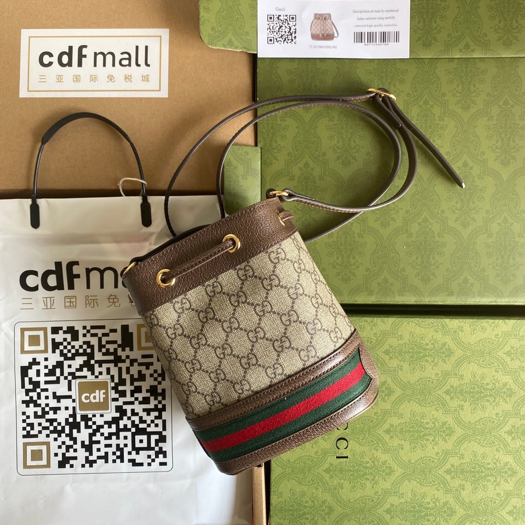 {Style No: OJ9XJZA7} OPHIDIA MINI BUCKET BAG 18 WITH WEB IN BEIGE EBONY CANVAS MIX BROWN CALFSKIN