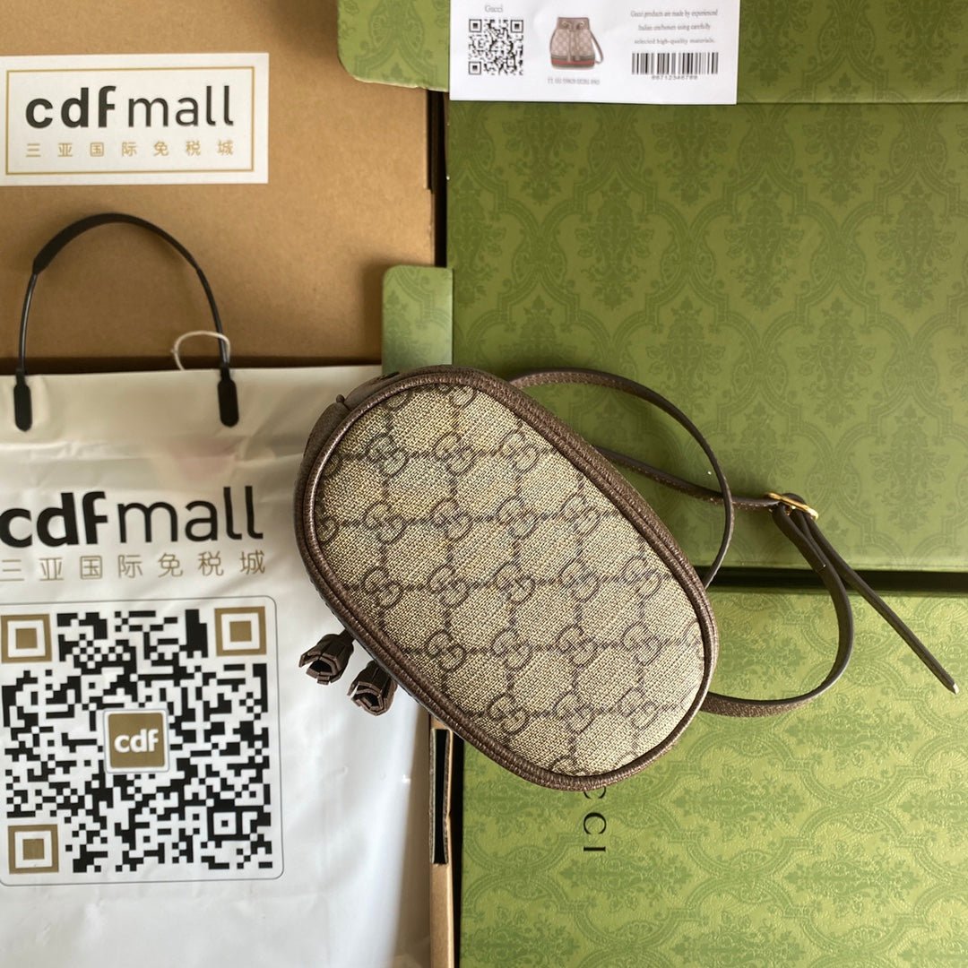 {Style No: OJ9XJZA7} OPHIDIA MINI BUCKET BAG 18 WITH WEB IN BEIGE EBONY CANVAS MIX BROWN CALFSKIN - Image 9