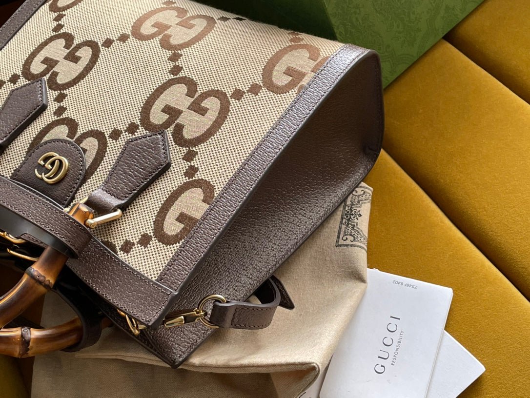 {Style No: BRAJHPDJ} GG DIANA 27 MINI TOTE BAG IN BEIGE CANVAS AND BROWN CALFSKIN - Image 3