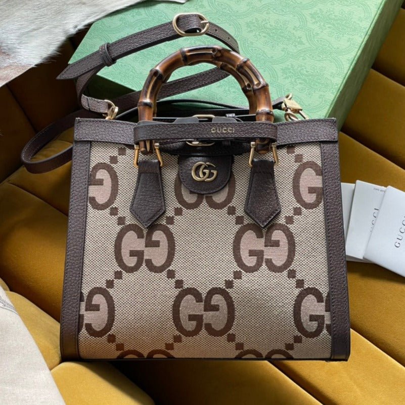 {Style No: BRAJHPDJ} GG DIANA 27 MINI TOTE BAG IN BEIGE CANVAS AND BROWN CALFSKIN