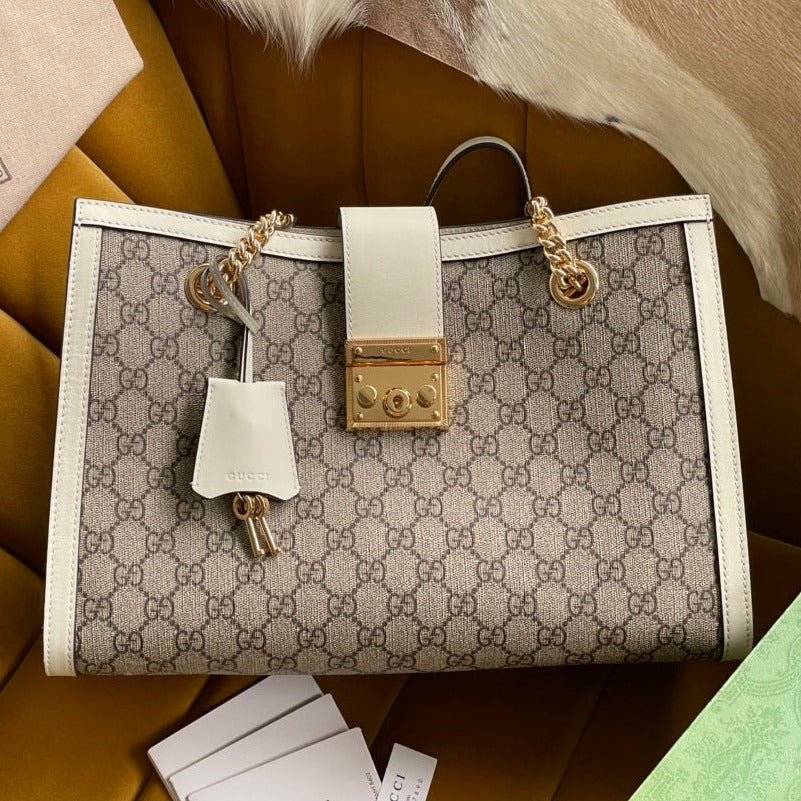 {Style No: LZRSE3AV} GG PADLOCK LARGE 35 SHOULDER BAG BEIGE CANVAS AND WHITE CALFSKIN