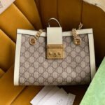 {Style No: P5XQTWZR} GG PADLOCK MEDIUM 26 SHOULDER BAG BEIGE CANVAS AND WHITE CALFSKIN