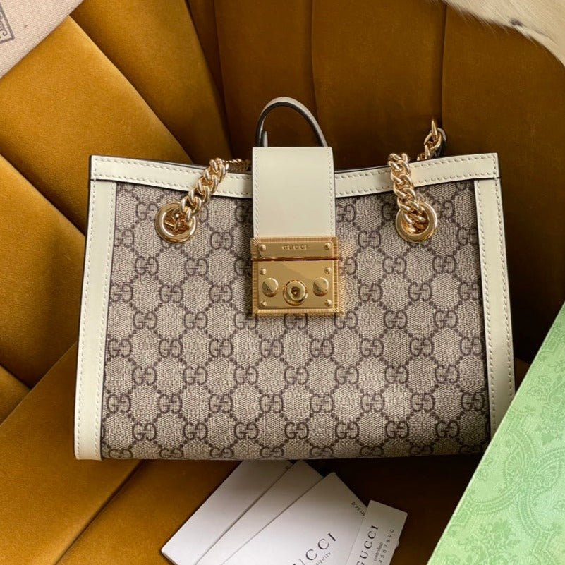 {Style No: P5XQTWZR} GG PADLOCK MEDIUM 26 SHOULDER BAG BEIGE CANVAS AND WHITE CALFSKIN