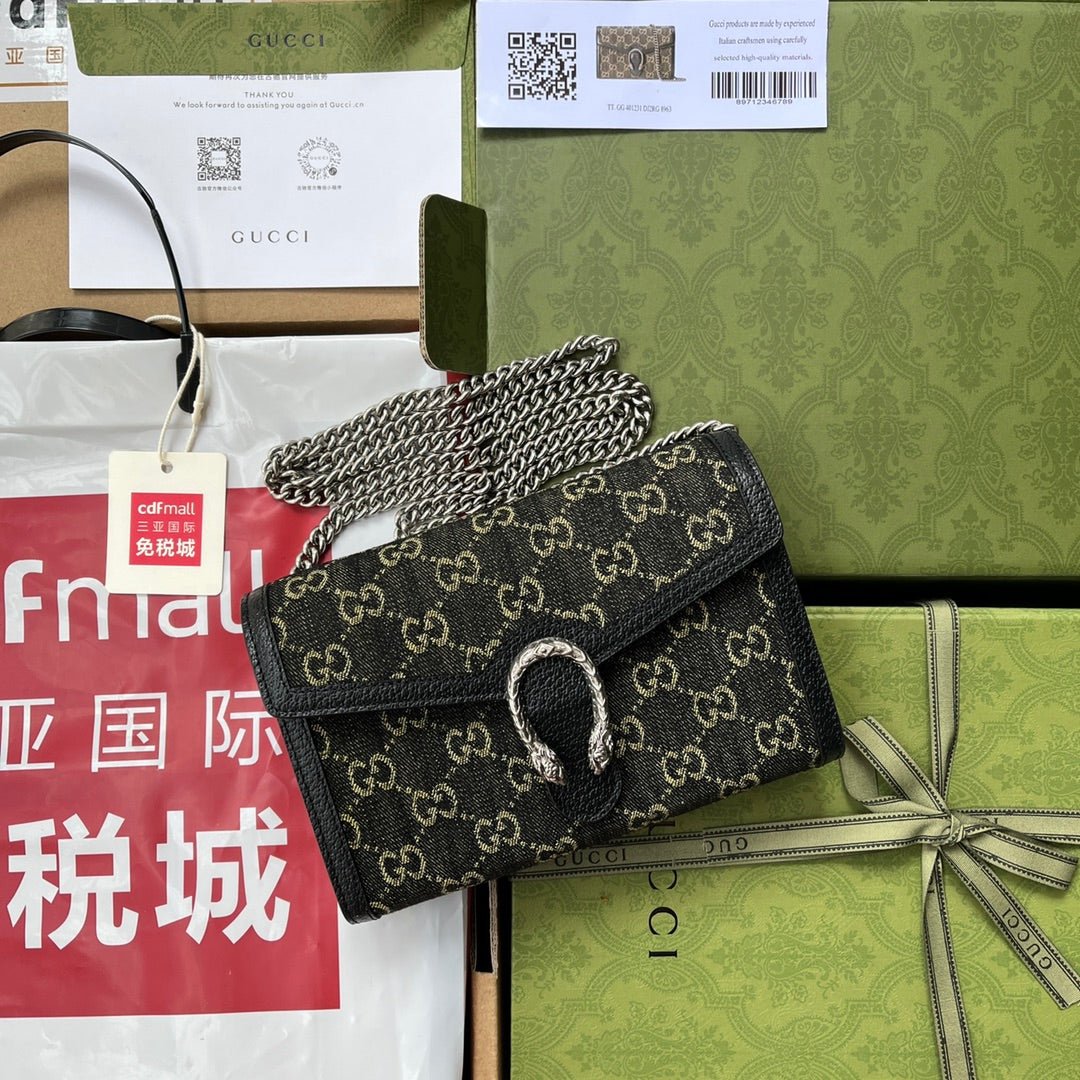 {Style No: KK4X7GBP} DYONYSUS SHOULDER BAG 20 IN BLACK YELLOW DENIM AND BLACK CALFSKIN TRIM SILVER HARDWARE