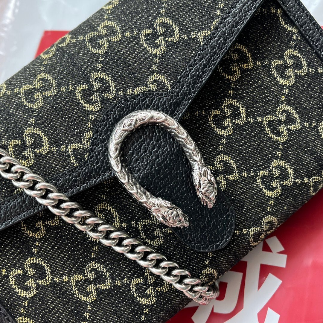 {Style No: KK4X7GBP} DYONYSUS SHOULDER BAG 20 IN BLACK YELLOW DENIM AND BLACK CALFSKIN TRIM SILVER HARDWARE - Image 9