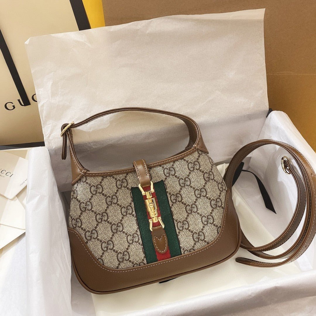 {Style No: 16I4XHPN} JACKIE 1961 SMALL 28 SHOULDER BAG IN BEIGE CANVAS AND BROWN CALFSKIN