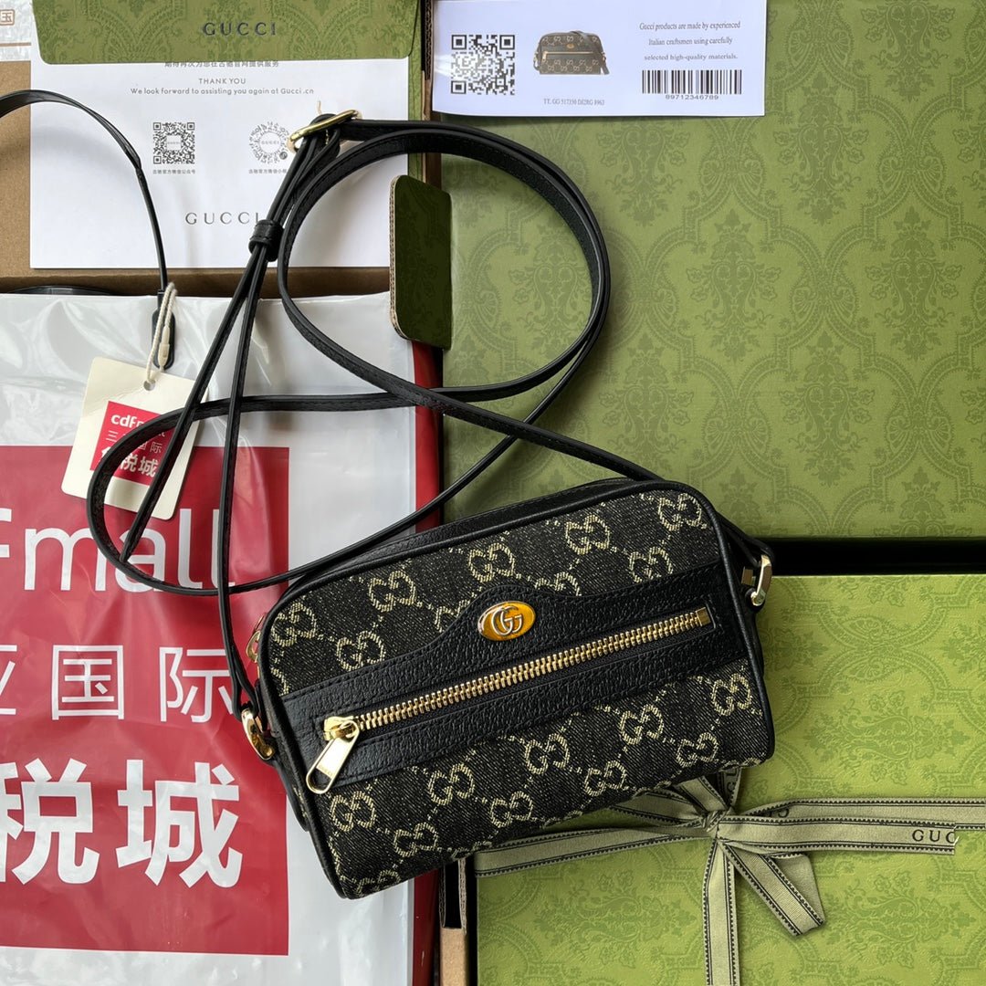 {Style No: 3SD2PGA3} DENIM SHOULDER BAG 17 BLACK WITH LEATHER TRIM